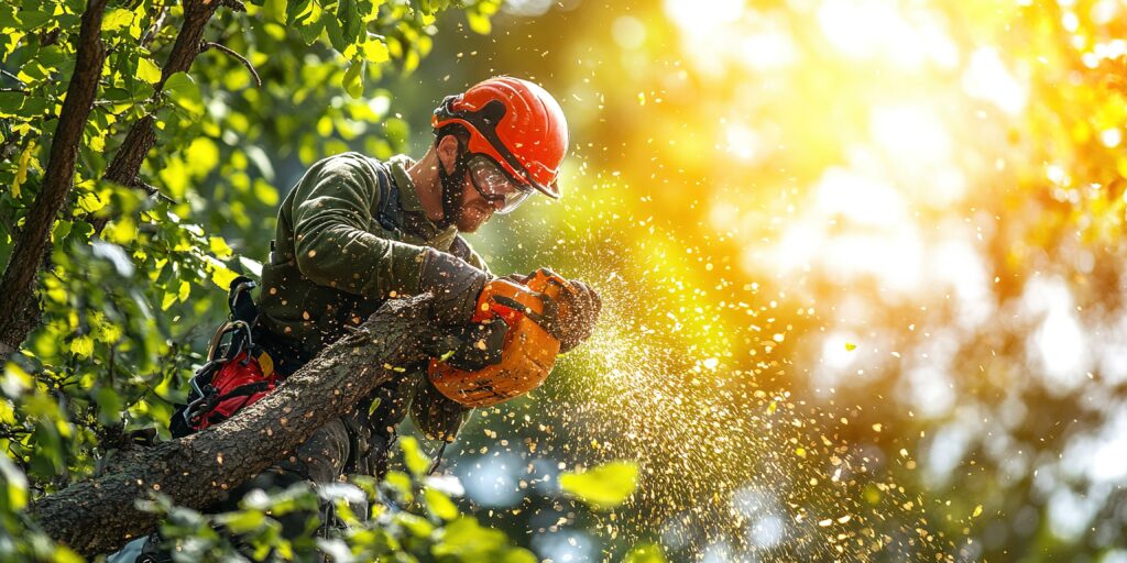 Certified arborist pruning tree branches during fall to prevent winter storm damage